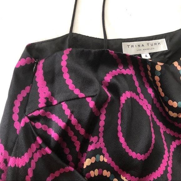 Trina Turk 100% silk one-shoulder black purple dress LBD fringe faux wrap 4 - Picture 7 of 13